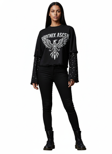 เสื้อยืดแขนยาวสองชั้นสไตล์วินเทจ พิมพ์ลายกราฟิกบนผ้าคอตตอนหนาน้ำหนักมาก ตกแต่งด้วยคริสตัล ล้างสีแบบแอซิดวอช ขนาดใหญ่พิเศษ - Product Image 5