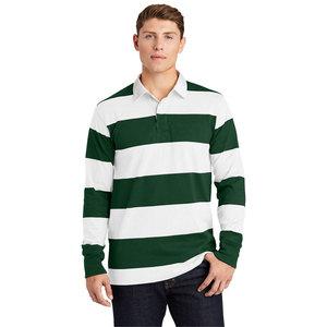 Polo de Rugby Personalizado con Logotipo, 100% Algodón, Rayas Verdes y Blancas, Clásico, Manga Larga para Hombre - Product Image 2