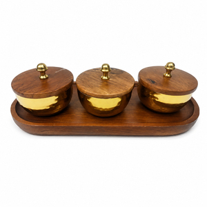 Ensemble de bols à dattes de luxe en bois avec plateau, récipient à condiments en métal doré cannelé et bols à snacks, et articles de cuisine pour cadeaux de mariage - Product Image 3
