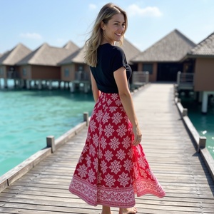 Hecho a mano por mujeres artesanas elegante bohemio gitano estampado Floral rojo rosa copo de nieve falda descendente Casual ropa de todo el día para niñas - Product Image 6