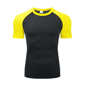 Unisex Short Sleeve Rash Guard <b>Black</b> Yellow Color Blocked Quick Dry <b>Compression</b> Sport <b>Shirt</b> Adult Size Grappling Gear - Product Image 1