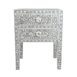 Mueble de Dormitorio con Cajón de Almacenamiento y Acentos Florales de Concha y Mosaico Contemporáneo de Hueso Natural - Product Image 2