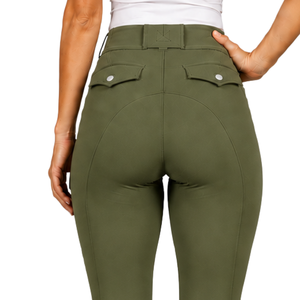 Leggings de equitación verde oliva para mujer, de cintura alta, elásticos, con agarre de silicona y bolsillos, ideales para entrenamiento ecuestre. - Product Image 5