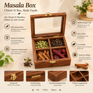 Boîte à épices en bois de Sheesham pour la cuisine, organisateur d'épices à 4 compartiments avec couvercle en verre, conteneur de rangement en bois pour la cuisine - Product Image 5