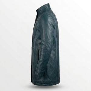 Abrigo Largo de Cuero Genuino para Hombre en Verde Azulado Oscuro con Paneles Curvos Personalizados, Cremallera y Cuello Alto - Exportador - Product Image 4