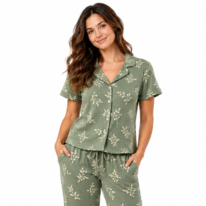 Wholesale <b>Womens</b> Sage Pajama <b>Set</b> Short Sleeve Button Shirt Pants Sleepwear OEM ODM Custom Loungewear All Season Cute - Product Image 2