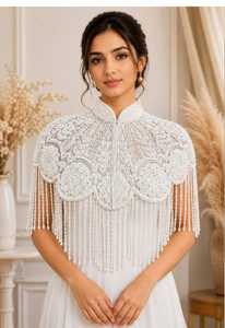 Elegant <b>White</b> Lace Wedding <b>Cape</b> With Beaded Fringe And High Collar Design For Bridal Wear - Product Image 4