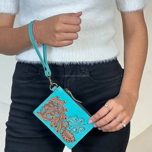 Hand Tooled Genuine Turquoise Leather Mini Wristlet Clutches Stylish Floral & Butterfly Design Coin & <b>Card</b> Holder <b>Women</b> <b>Wallet</b> - Product Image 3