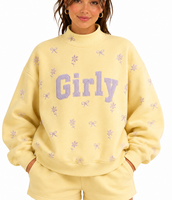 Sweat-shirt en molleton floral girly pour femme, col montant avec broderie en patch, coton lourd 420g personnalisé