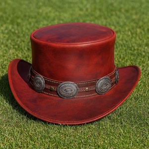 Top Quality Genuine Leather Handmade Red Leather Top <b>Hat</b> With Concho <b>Band</b> For Festival Cosplay Fashion - Product Image 2