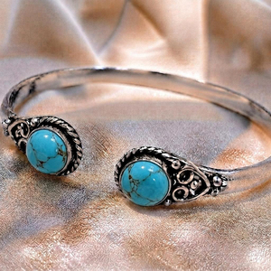Brazalete Abierto de Turquesa Hidro, Hecho a Mano, Chapado en Plata/Oro, Ajustable, Clásico, Unisex, Joyería con Piedras Preciosas - Product Image 3