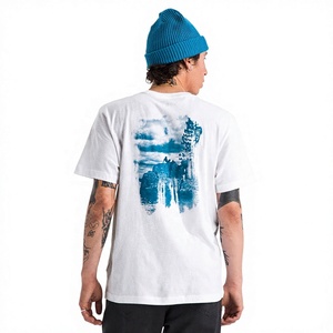 T-shirt blanc à manches courtes pour homme avec imprimé nature bleu au dos, coupe classique, col rond, jersey décontracté, tricoté 100% coton - Product Image 1