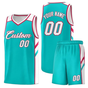 Custom Sublimated Basketball Jersey Set Teal Pink White Unisex Adult Sleeveless Tank Top Shorts Breathable Mesh V-Neck - Product Image 3