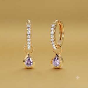 Boucles d'oreilles créoles classiques Huggies avec améthyste taille poire et moissanite taille ronde en alliage, bijoux de mariage pour femme - Product Image 2