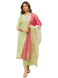 Light <b>Green</b> <b>Silk</b> Salwar Kameez with Pink Dupatta Traditional Indian Pakistani Casual Wear Regular Fit Women's Outfit - Product Image 1