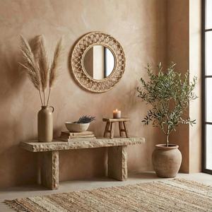 Espejo Redondo de Pared de Ratán Natural con Textura Tejida Cálida, Decoración Vintage para Sala de Estar y Hogar - Product Image 4