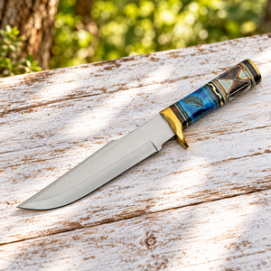 Couteau Bowie à lame droite de 12 pouces, fait main, avec lame en acier inoxydable, manche en os fossile bleu, fourreau en cuir et bolster en laiton - Product Image 5