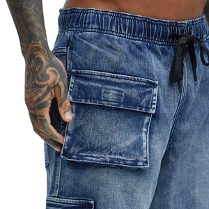 Pantalones Cortos Cargo de Mezclilla para Hombre, Transpirables, de Tiro Medio, Ajuste Relajado, Algodón Lavado Azul, Estilo Casual, Largura hasta la Rodilla, con Cordón, para Verano - Product Image 3