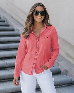Chemise boutonnée en coton rouge pour femmes, manches trois quarts, couleur unie, col rabattu, coupe régulière, hauts de loisirs toutes saisons - Product Image 2