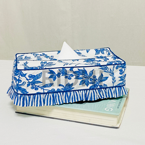 Ridhi - Funda para caja de pañuelos con volantes, diseño floral azul granate, hecha a mano con estampado de bloques, al por mayor, soporte reutilizable de algodón para servilletas, ideal para hoteles. - Product Image 2