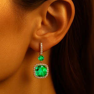 Solid 18K Rose White Yellow Gold Huggie Earrings With Lab Grown <b>Emerald</b> Gemstone & Real White Diamonds Earrings For Wedding Gift - Product Image 2