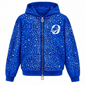 Customized Royal Blue Pearl Full <b>Zip</b> <b>Hoodie</b> Pearl Studded Streetwear Jacket Long Sleeve Hooded Sweatshirt With Front <b>Pockets</b> - Product Image 1