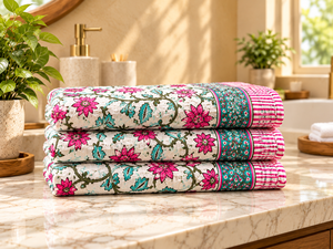Hand Block Printed Cotton Bath Towel <b>Set</b> Floral Indian Block Print Towels Soft Absorbent <b>Bathroom</b> Towels <b>3</b>-<b>Piece</b> Towel <b>Set</b> - Product Image 6