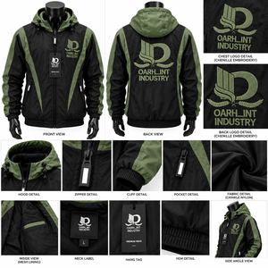 OARH_INT INDUSTRY Herren Windbreaker-Jacke mit Kapuze Grün Schwarz Winddicht Lässig Reißverschluss Besticktes Logo Herbstbekleidung - Product Image 6