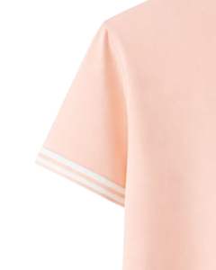 เสื้อยืดคอกลมผู้หญิงสีพีชแบบสั่งทำจากโรงงาน พร้อมปกเสื้อสีขาวตัดกันและแถบแถบคู่ที่แขนเสื้อ  ผ้าฝ้ายลำลองสำหรับฤดูร้อน - Product Image 6