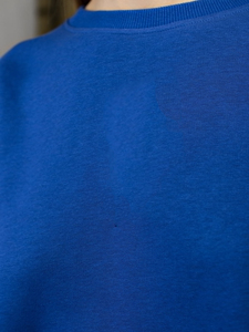 Sudadera Oversize de Cuello Redondo para Mujer, Azul Sólido, Manga Larga, Tejido de Algodón/Fibra de Bambú, Bordado de Cristal, Hombros Caídos - Product Image 6