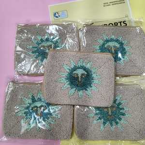Pochette à monnaie perlée faite main motif soleil, mini portefeuille zippé, pochette bohème, sac à maquillage vintage en coton, porte-monnaie - Product Image 4