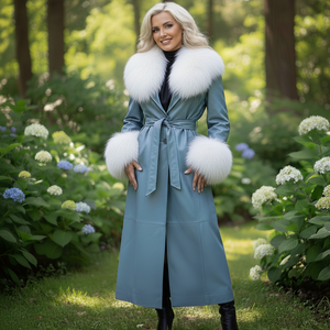 Manteau long en cuir de poisson pour femme avec ceinture et fourrure de renard, doublure en soie, vente en gros, sur mesure - Product Image 2