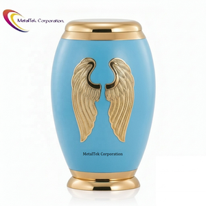 Urna Funeraria de Latón Azul Cielo con Alas de Ángel Doradas, Tallada a Mano, Recuerdo Conmemorativo para Cenizas Humanas - Product Image 1