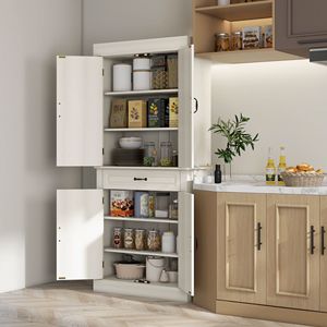 "Modern Freestanding <b>Kitchen</b> <b>Pantry</b> with 4 Doors 2 Large Cabinets & Drawer Distressed White MDF Wood" - Product Image 2