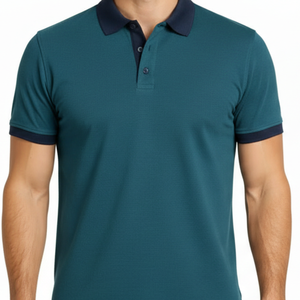 Polo classique pour homme en bleu marine, col contrastant, coupe ajustée, manches courtes, décontracté, pour le golf - Product Image 2