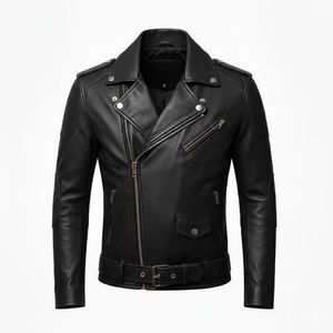 Chaqueta de Motociclista de Cuero Genuino Negro para Hombre, Corte Ajustado, Fabricante Personalizado OEM/ODM, Venta al Por Mayor - Product Image 1