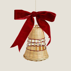 Natural Woven Rattan Decorate Christmas Bell Pouch Featuring <b>Red</b> Velvet <b>Bow</b> And Hanger Loop Art - Product Image 2
