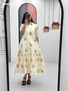 Elegant Look Pure Cotton with Thread-Embroidery Elephant-Motif Scattered <b>work</b> & Tie-<b>Belt</b> & Collar-Neck Frock Woman Fashion - Product Image 2