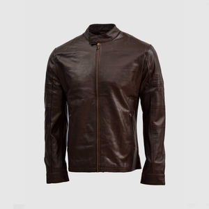Chaqueta de cuero original de piel de oveja marrón oscuro para hombre, estilo casual de motero con cremallera, chaqueta de cuero de borrego para hombre, venta al por mayor. - Product Image 2