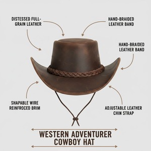 Brown Leather <b>Cowboy</b> Hat Vintage Wide Brim Braided Band Chin Strap Unisex Outdoor Fedora - Product Image 4