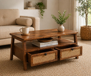 Table basse rectangulaire en bois de Sheesham de qualité supérieure avec centre en rotin, quatre tiroirs de rangement, table centrale moderne pour salon - Product Image 1