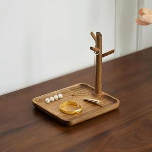 Plateau à clés et bol en bois d'acacia massif pour table d'entrée, plateau à bijoux avec 3 crochets, rangement ouvert pour portefeuille, lunettes, montres - Product Image 3