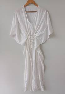 Robe Kaftan pour femmes en coton 100% avec dentelle florale imprimée, longueur genoux, manches 3/4 - Style vintage, coupe ample, douce et respirante - Product Image 2