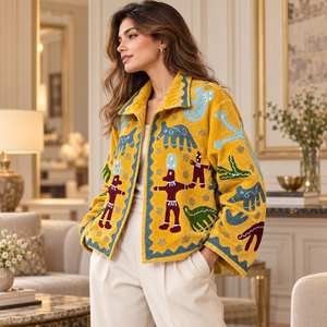Chaqueta de terciopelo amarillo mostaza con bordado Suzani y motivos de arte folclórico tribal | Prenda Exterior Bohemia de Frente Abierto con Cuello Decorativo - Product Image 3