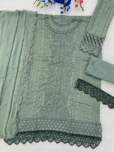 ชุดสูทผ้าโพลีเอสเตอร์ปักลายสีเขียวมิ้นท์สำหรับผู้หญิง พร้อมผ้าคลุมไหล่ ชุดงานเลี้ยงแบบดั้งเดิมของอินเดียและปากีสถาน ทรงปกติ ความยาวปานกลาง - Product Image 2