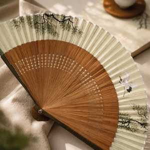 Handmade Bamboo Folding Fan with Pine Tree <b>Painting</b> Modern Art Collectible <b>Natural</b> Craft Wedding Decor - Product Image 2