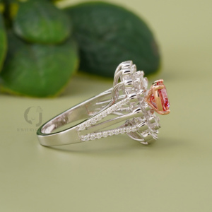 1.01 Carat <b>Cushion</b> Cut Vivid Pink Lab Created Diamond Ring Yellow Gold Halo with Pear <b>Round</b> Diamond Side Accents - Product Image 2