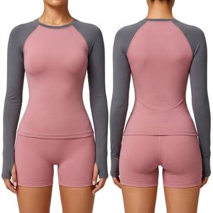 Two Tone Pink Charcoal Gym Shirts Durable Spandex Blend Crewneck Long Raglan Sleeve Quick Dry Breathable Active <b>Tops</b> - Product Image 1