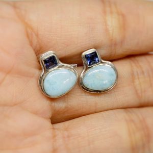 Pendientes de Plata de Ley 925 con Gemas Naturales de Larimar y Lolita en Forma de Pera, Joyería Moderna para Mujer para Bodas y Fiestas - Product Image 1