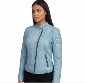 Chaqueta de cuero azul polvo para mujer al por mayor, estilo motociclista asimétrico, con hombros acolchados personalizados, corte ajustado, ropa exterior de fábrica. - Product Image 4